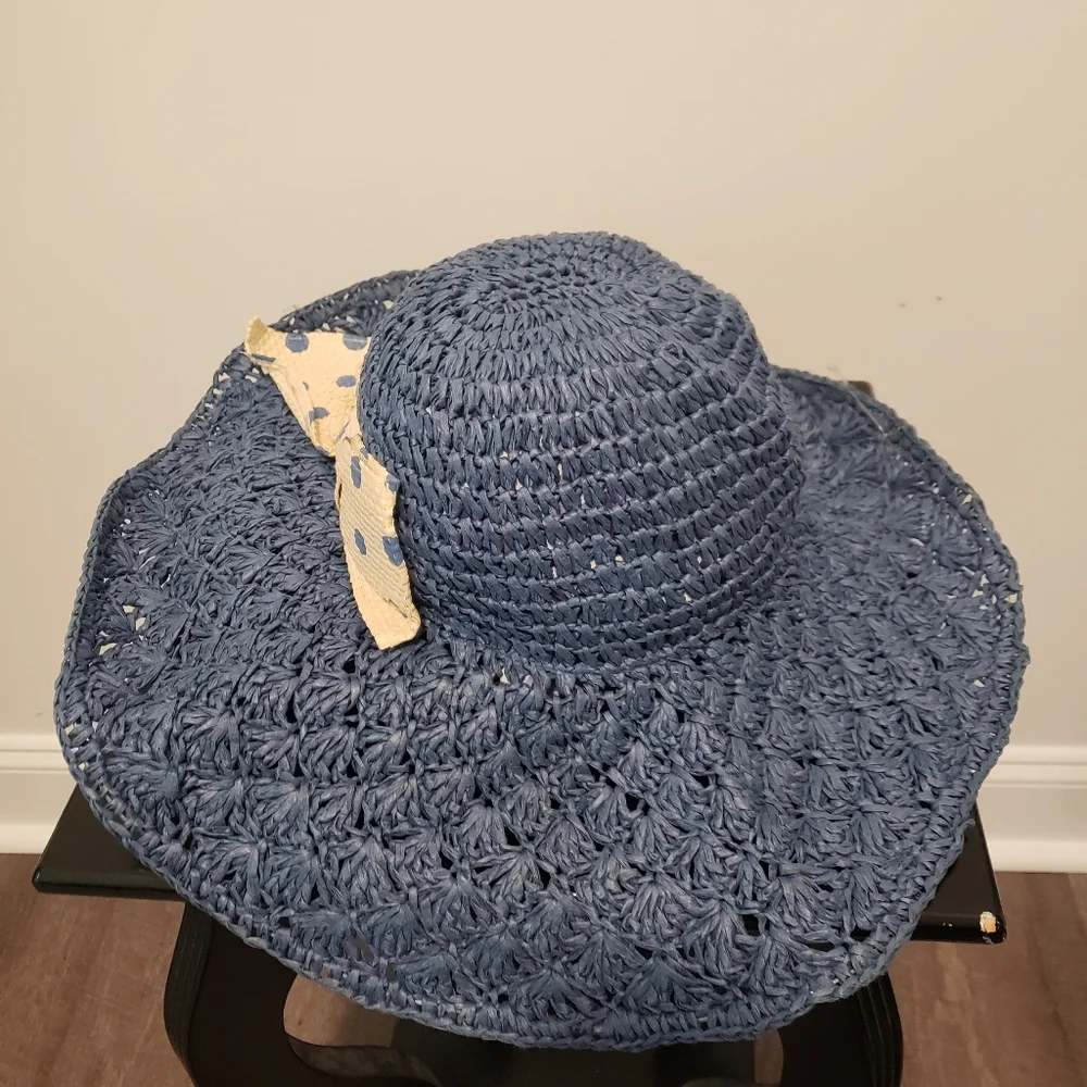 Jessica Simpson Women's Black Floppy Beach‎ Straw Hat With Polka Dot Bow NWT